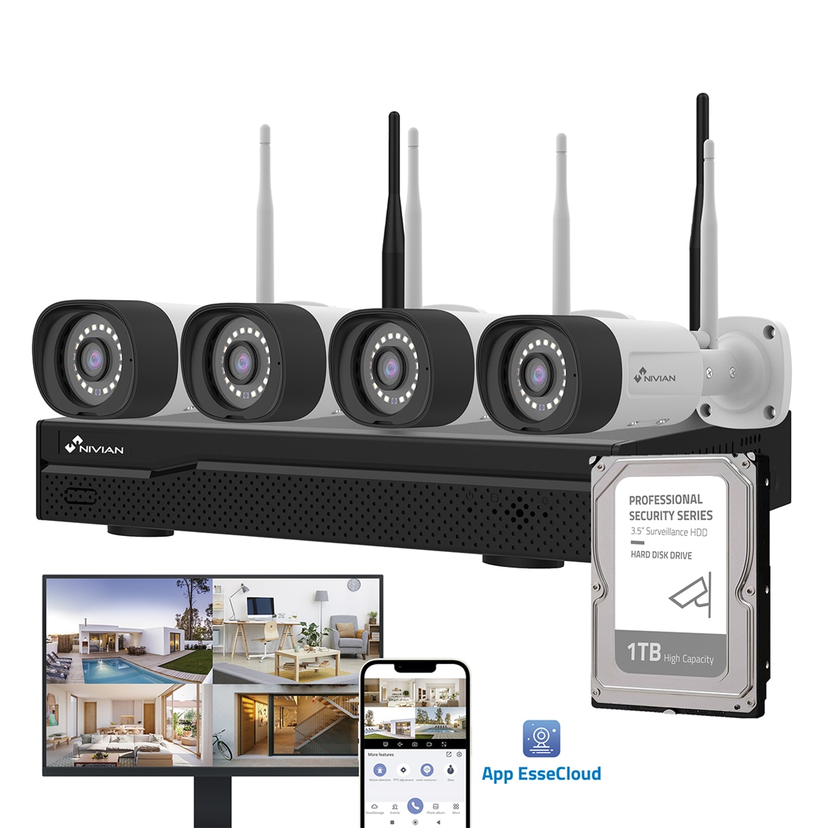 Imagen 3 de Kit de cámaras de vigilancia profesional Nivian, Wi-Fi, Super HD, 4 cámaras ip y grabador de disco 1TB - Negro / Blanco Negro / Blanco