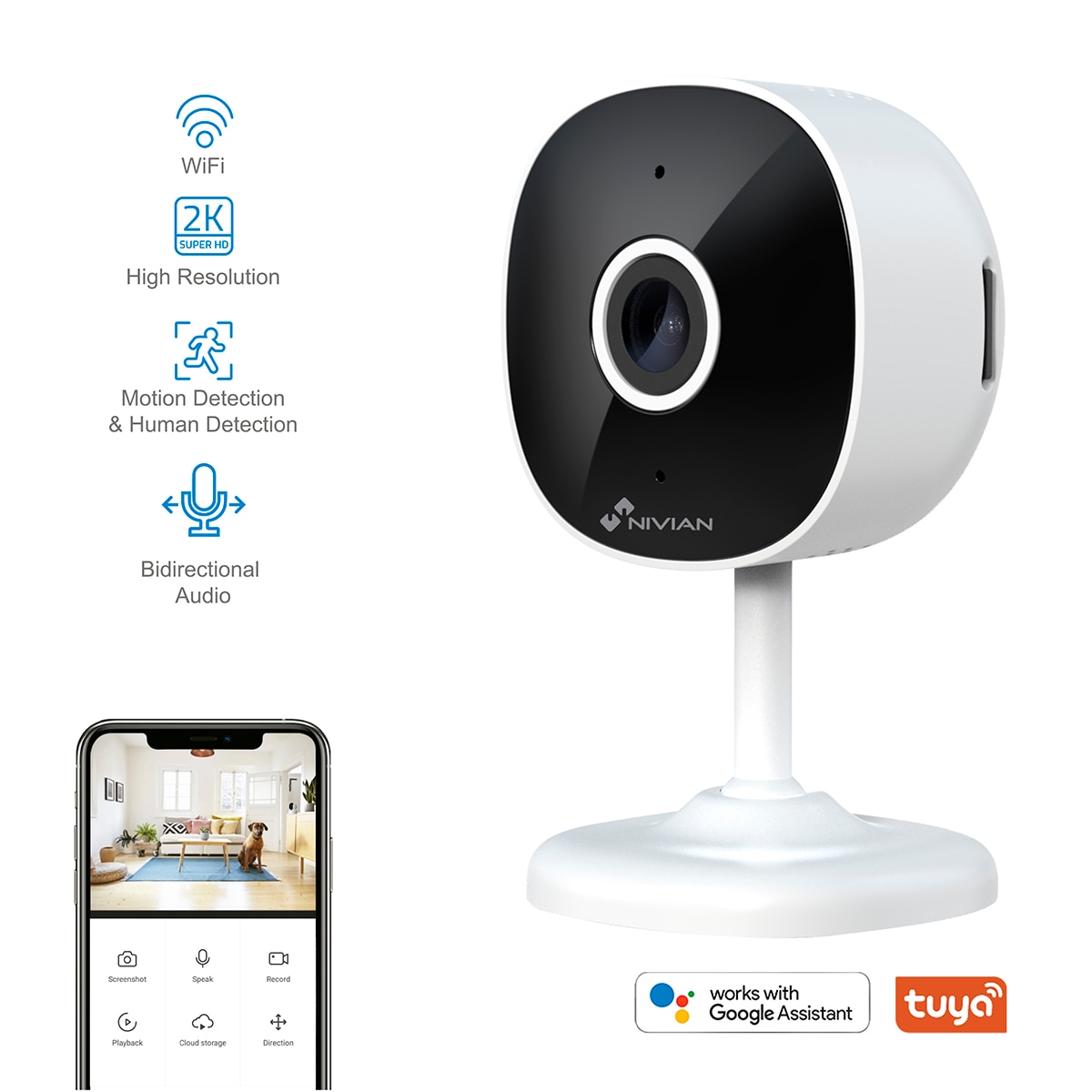 Imagen 2 de Cámara de vigilancia para interior Nivian IPC-I5, Wi-Fi, 2K, detección humanos, audio bidireccional - Blanco / Negro Blanco / Negro