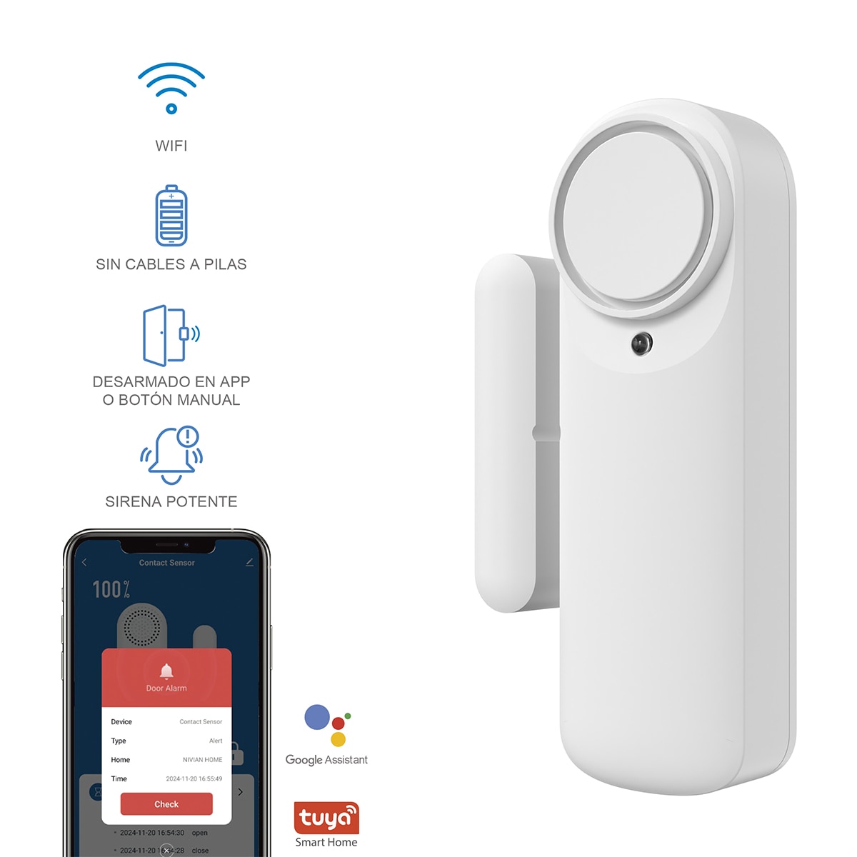 Imagen 2 de Sensor alarma para puerta Nivian NVS-DOORALARM-W, Wi-Fi, con app para móvil, notificación en tiempo real, sirena 100db - Blanco Blanco