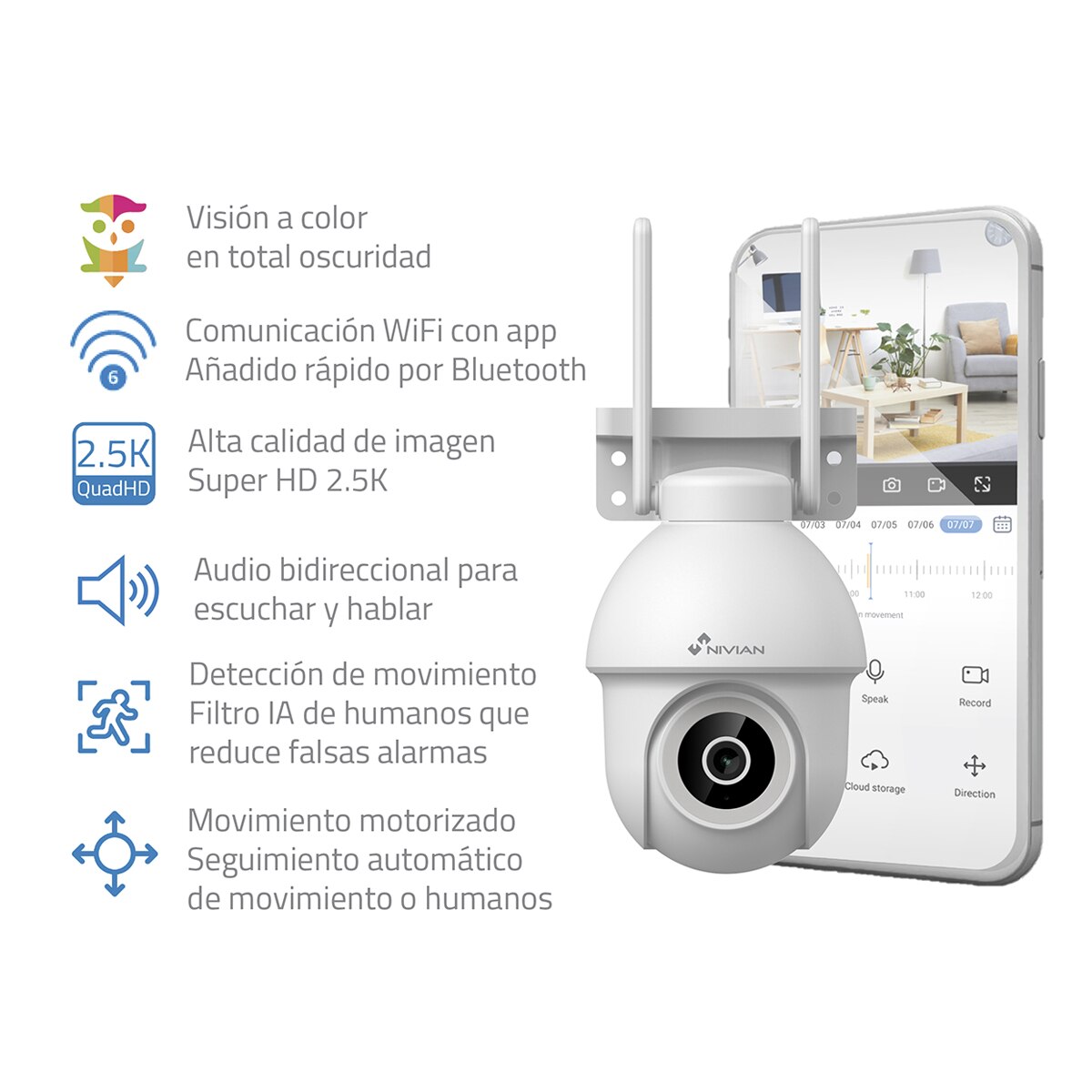 Imagen 2 de Cámara de vigilancia para exterior Nivian IPC 0S3, Wi-Fi, Half 4K, visión nocturna color, detección movimiento y humanos - Blanco Blanco