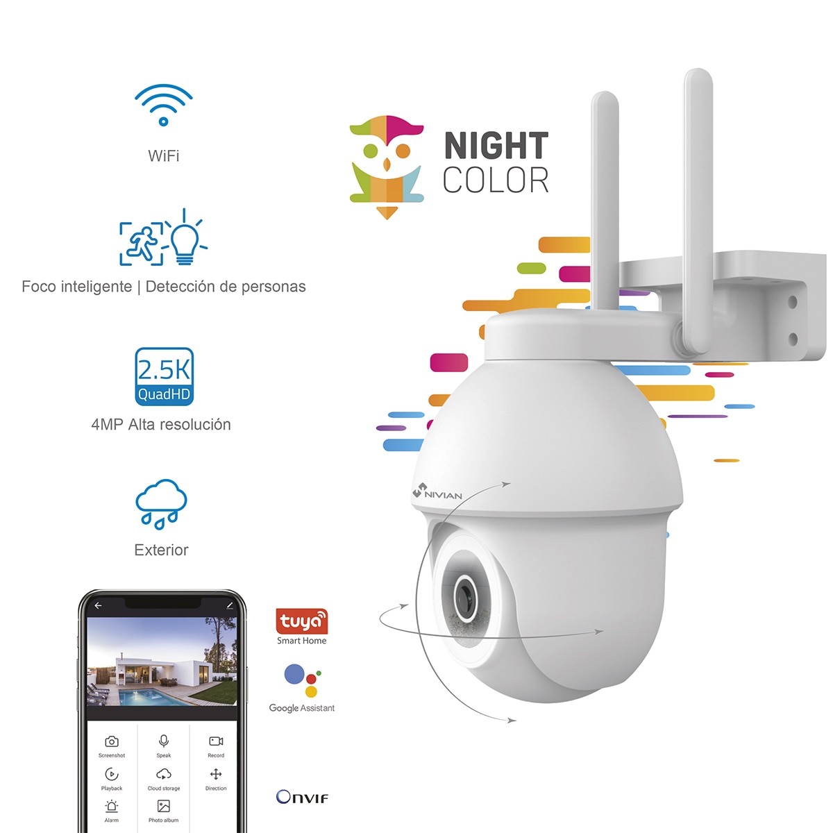 Imagen 9 de Cámara de vigilancia para exterior Nivian IPC 0S3, Wi-Fi, Half 4K, visión nocturna color, detección movimiento y humanos - Blanco Blanco