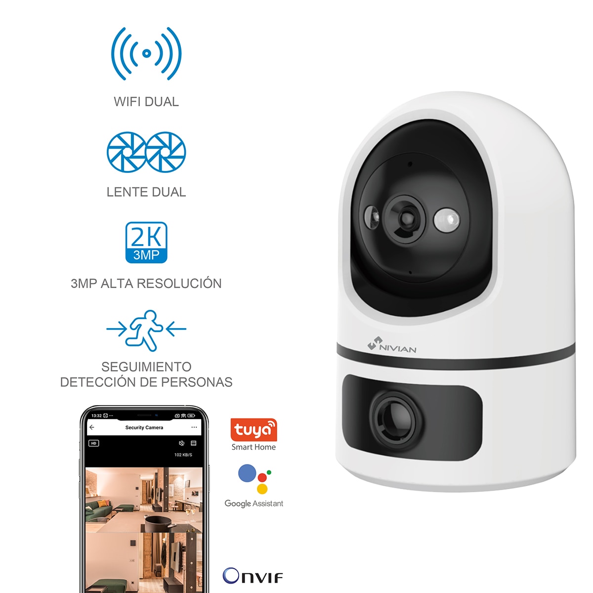 Imagen 2 de Cámara de vigilancia para interior Nivian IPC-IS7-dual, Wi-Fi, 2K, motorizada, doble lente, seguimiento automático - Blanco / Negro Blanco / Negro