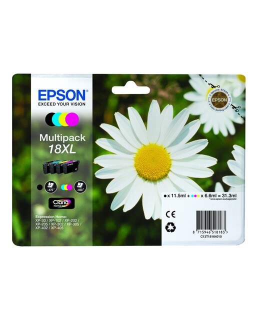 Pack 4 tintas originales Epson 18 XL negro + multicolor (C13T18164020) 1