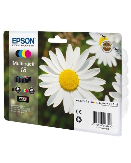 Epson - Pack 4 tintas originales Epson 18 negro + multicolor (C13T18064020).