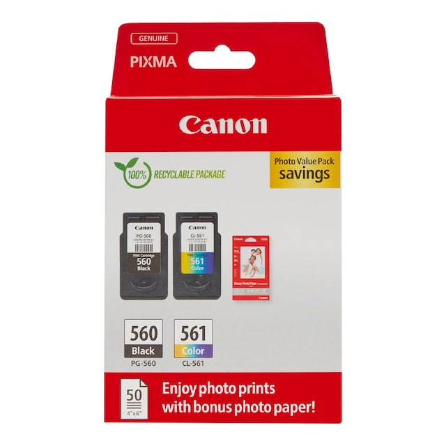 Pack de 2 cartuchos de tinta original Canon PG-560 negro/CL-561 tricolor (3713C008) + Papel foto 10x15 50 hojas