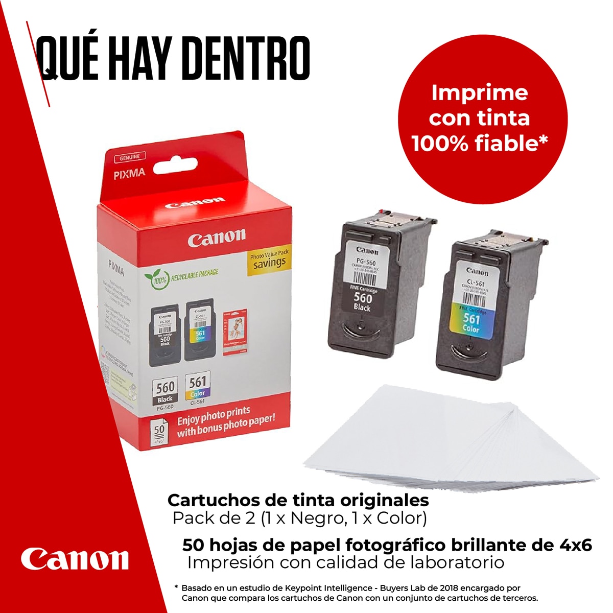 Pack de 2 cartuchos de tinta original Canon PG-560 negro/CL-561 tricolor (3713C008) + Papel foto 10x15 50 hojas 2