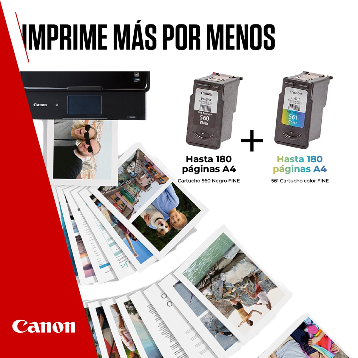 Pack de 2 cartuchos de tinta original Canon PG-560 negro/CL-561 tricolor (3713C008) + Papel foto 10x15 50 hojas 5