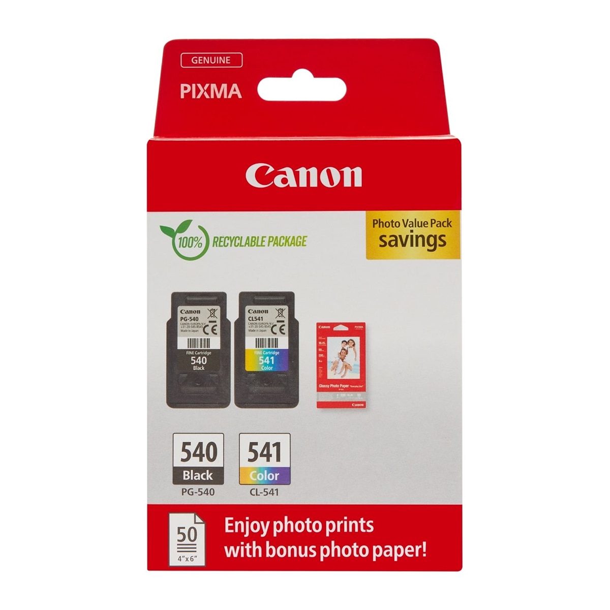 Imagen 0 de Pack de 2 cartuchos de tinta original Canon PG-540 negro/CL-541 tricolor (5225B013) + Papel foto 10x15 50 hojas