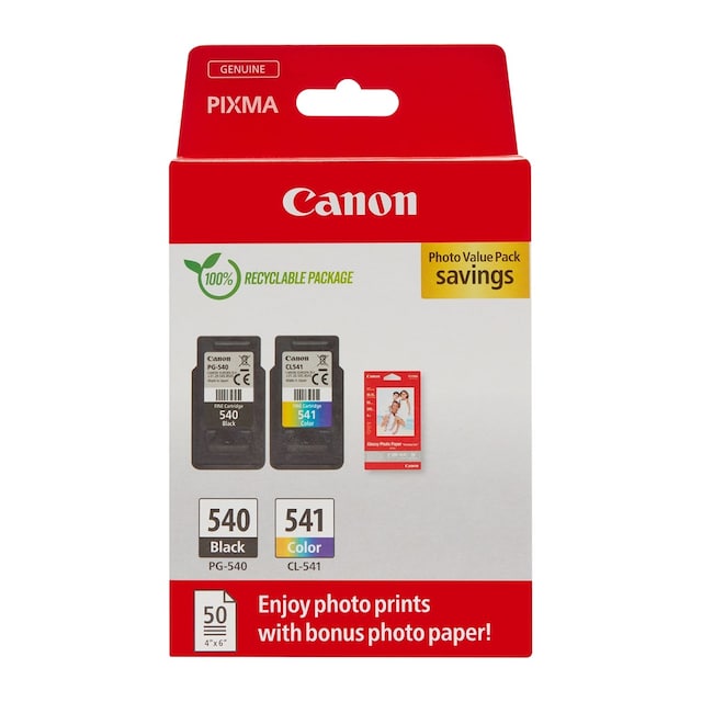 Pack de 2 cartuchos de tinta original Canon PG-540 negro/CL-541 tricolor (5225B013) + Papel foto 10x15 50 hojas