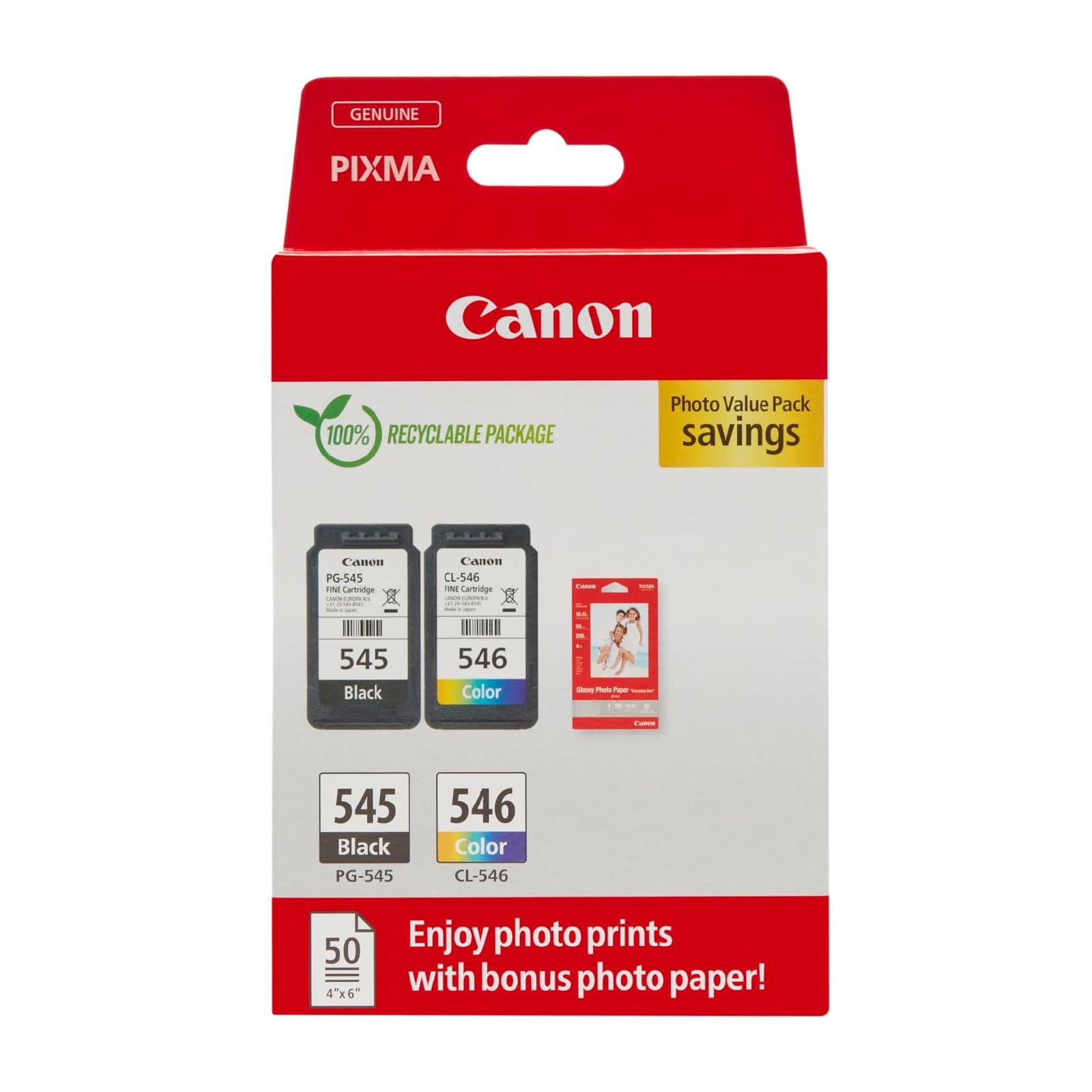 Imagen 0 de Pack de 2 cartuchos de tinta original Canon PG-545 negro/CL-546 tricolor (8287B008) + Papel foto 10x15 50 hojas