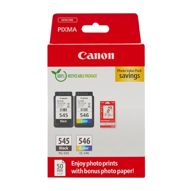 Pack de 2 cartuchos de tinta original Canon PG-545 negro/CL-546 tricolor (8287B008) + Papel foto 10x15 50 hojas