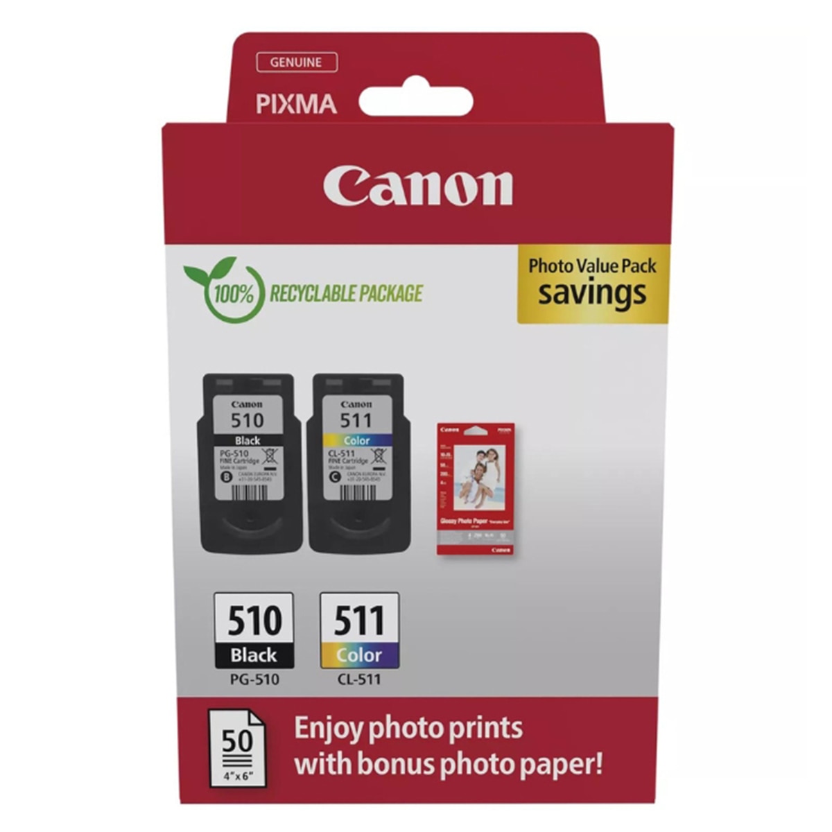 Imagen 0 de Pack de dos cartuchos de tinta original Canon PG-510 negro / CL-511 color + Papel foto 10x15 50 hojas