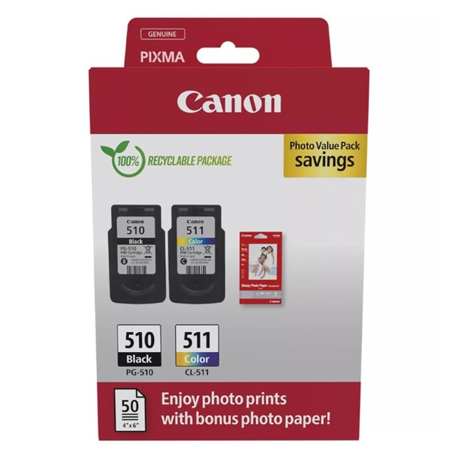 Imagen 0 de Pack de dos cartuchos de tinta original Canon PG-510 negro / CL-511 color + Papel foto 10x15 50 hojas
