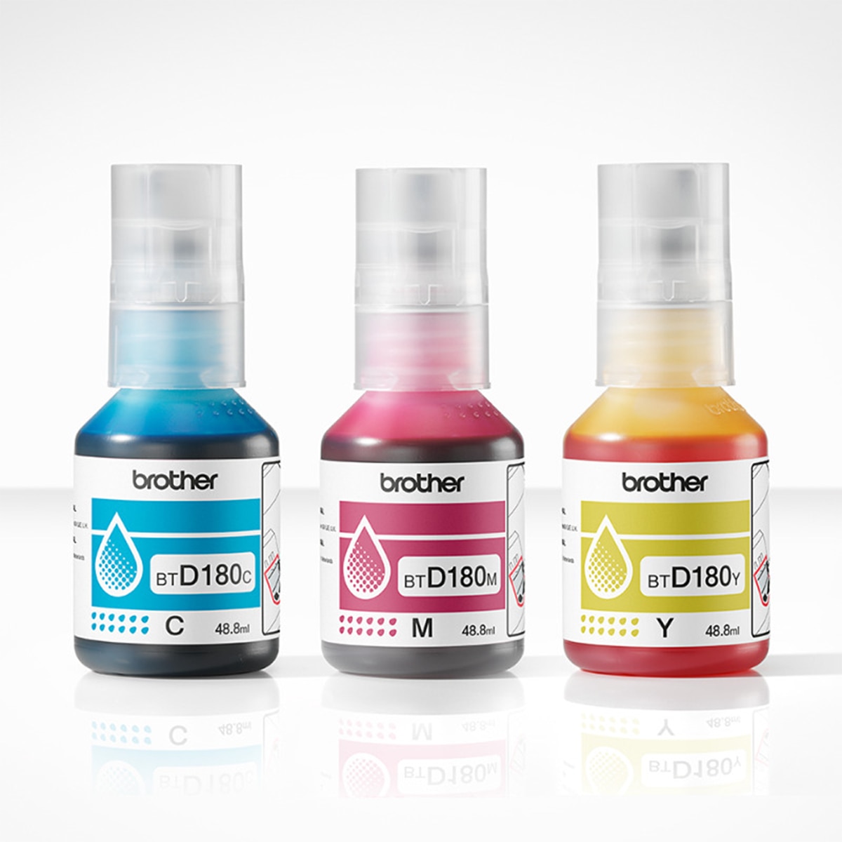 Pack 3 botellas de tinta original Brother BTD180CLVAL cian/magenta/amarillo 2