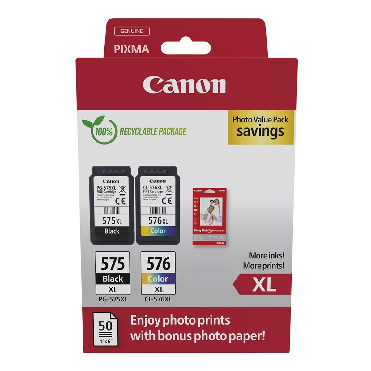 Canon - Pack de cartuchos de tinta original Canon PG-575XL negro + CL-576XL tricolor + Papel.