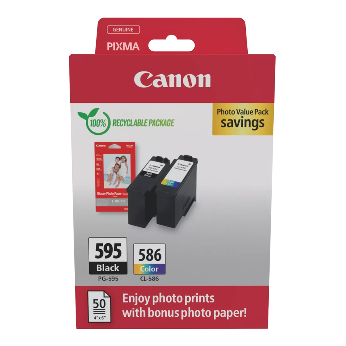 Canon - Pack de cartuchos de tinta original Canon PG-595 negro y CL-586 tricolor + Papel.