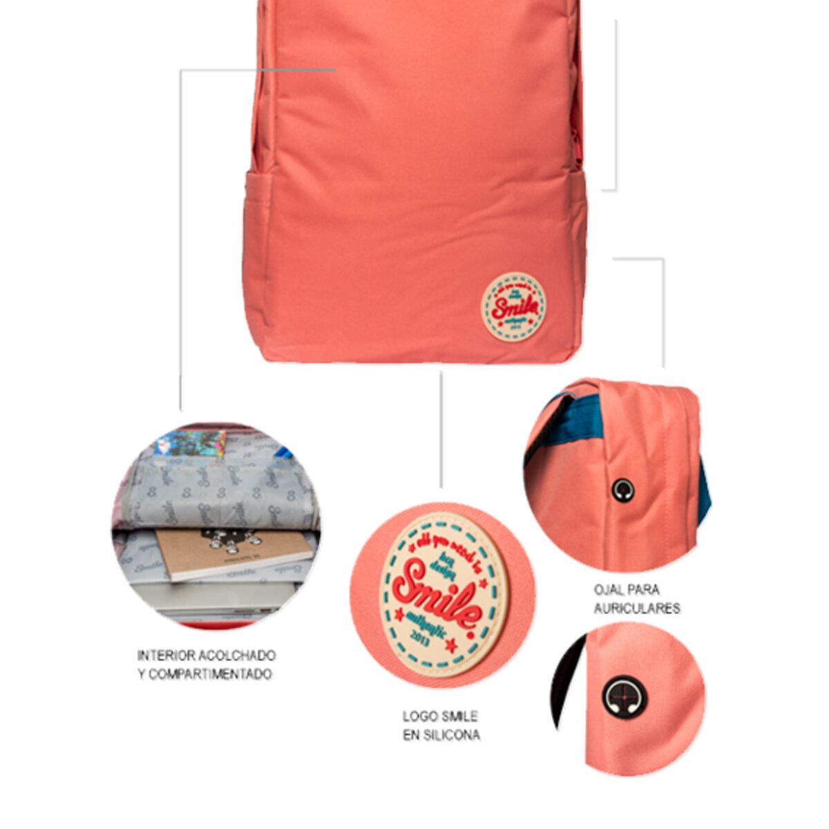 Mochila Smile Penny coral para portátiles hasta 16" y con salida para auriculares Coral-7