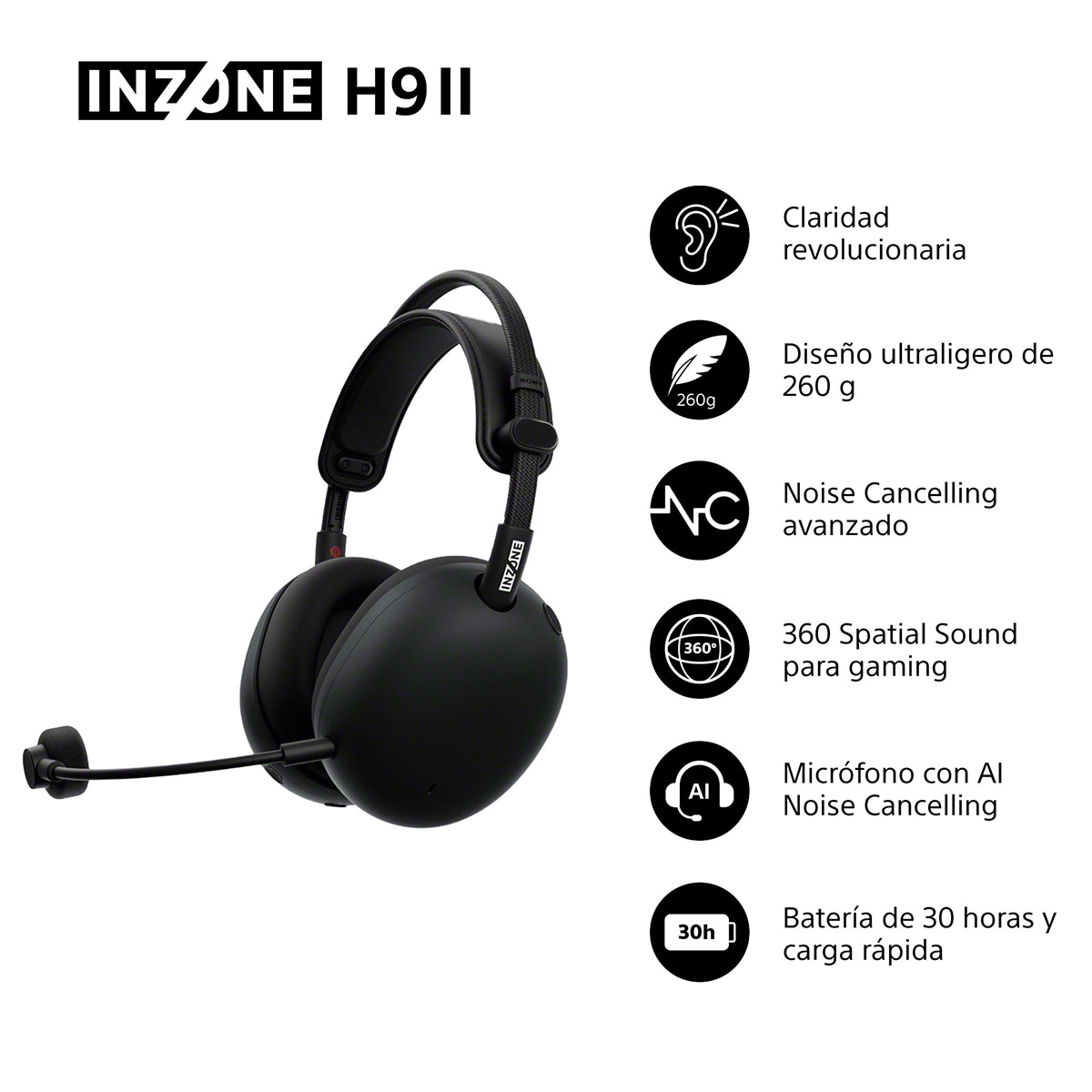 Auriculares Diadema con micrófono para Gaming Sony INZONE H9 II con cancelación de ruido Negro-2