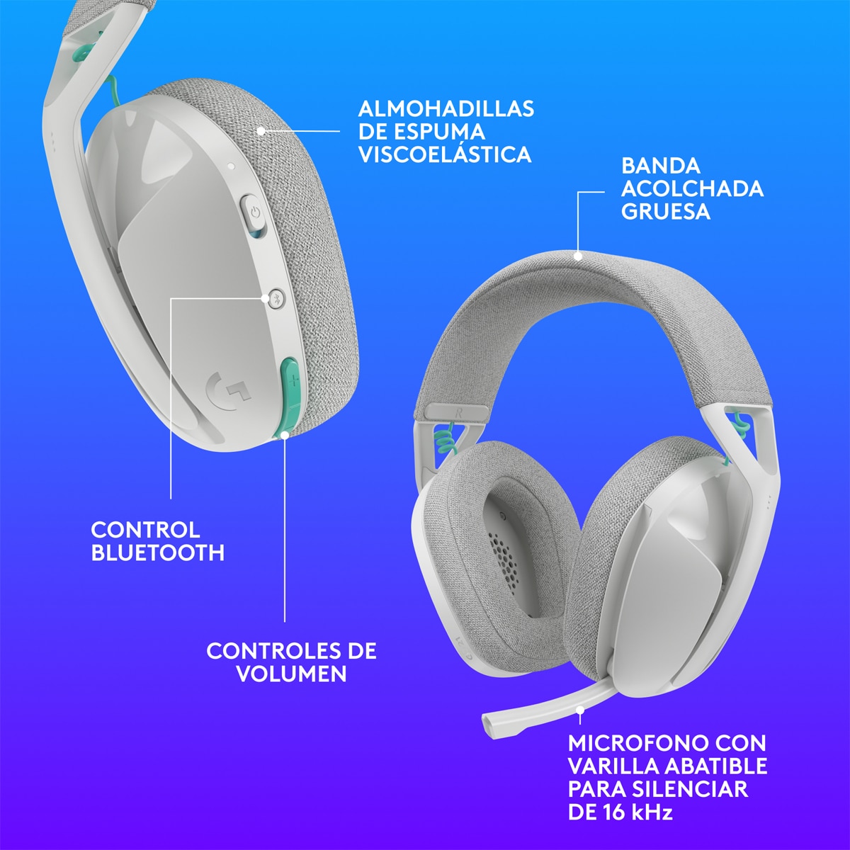 Auriculares de diadema con micrófono para Gaming Logitech 321 LightSpeed Blanco-8