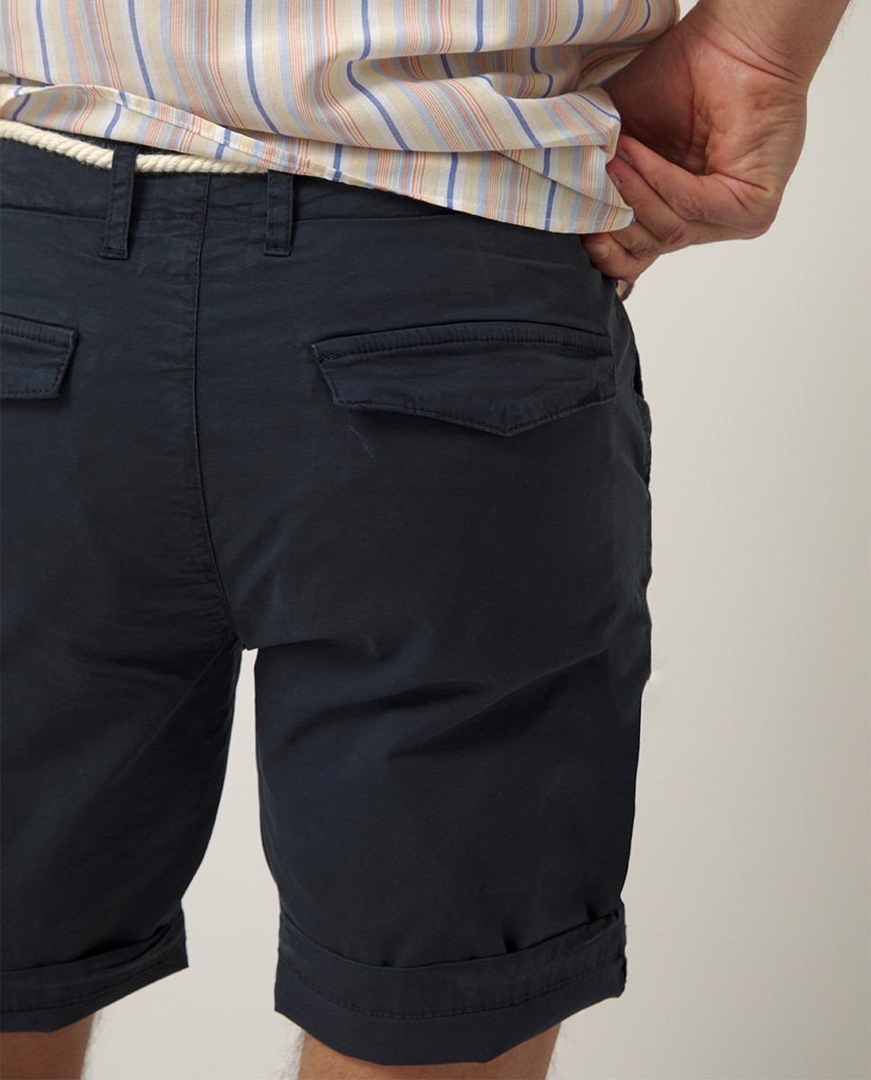 Calções Chino com Cordão na Cintura Azul-4