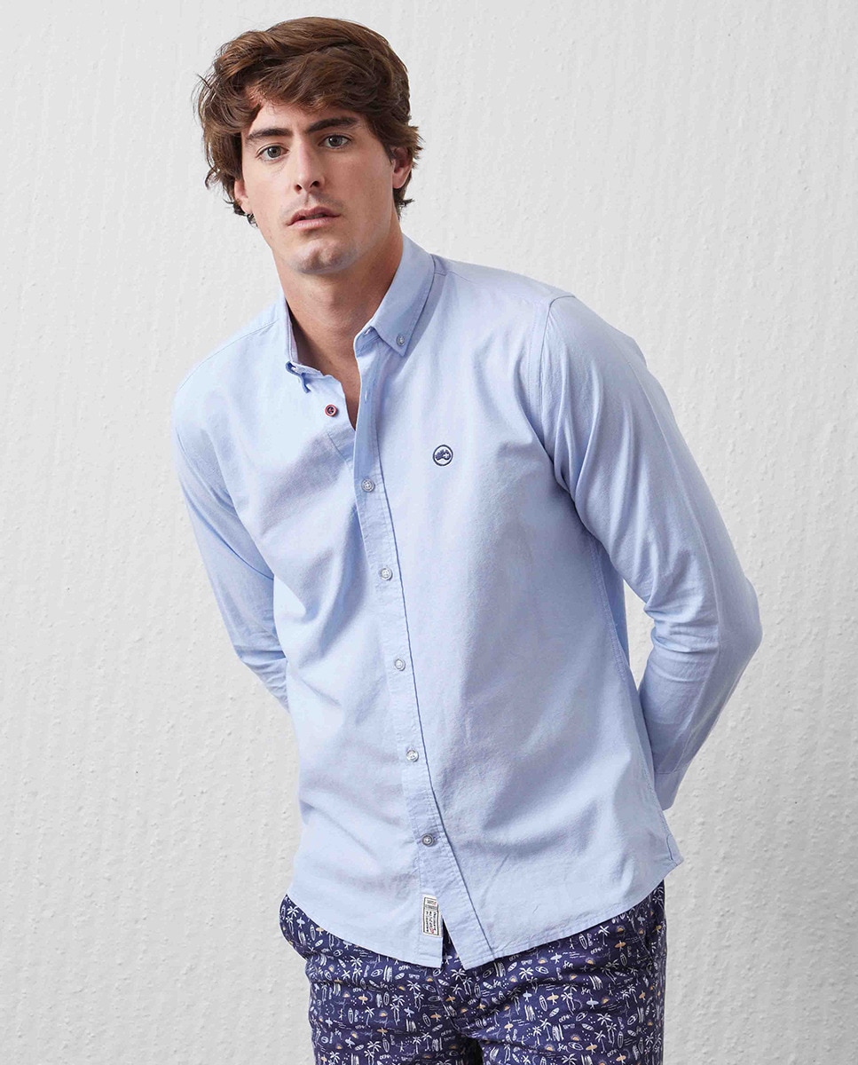 Camisa Básica com Padrão Slim Azul-claro-4