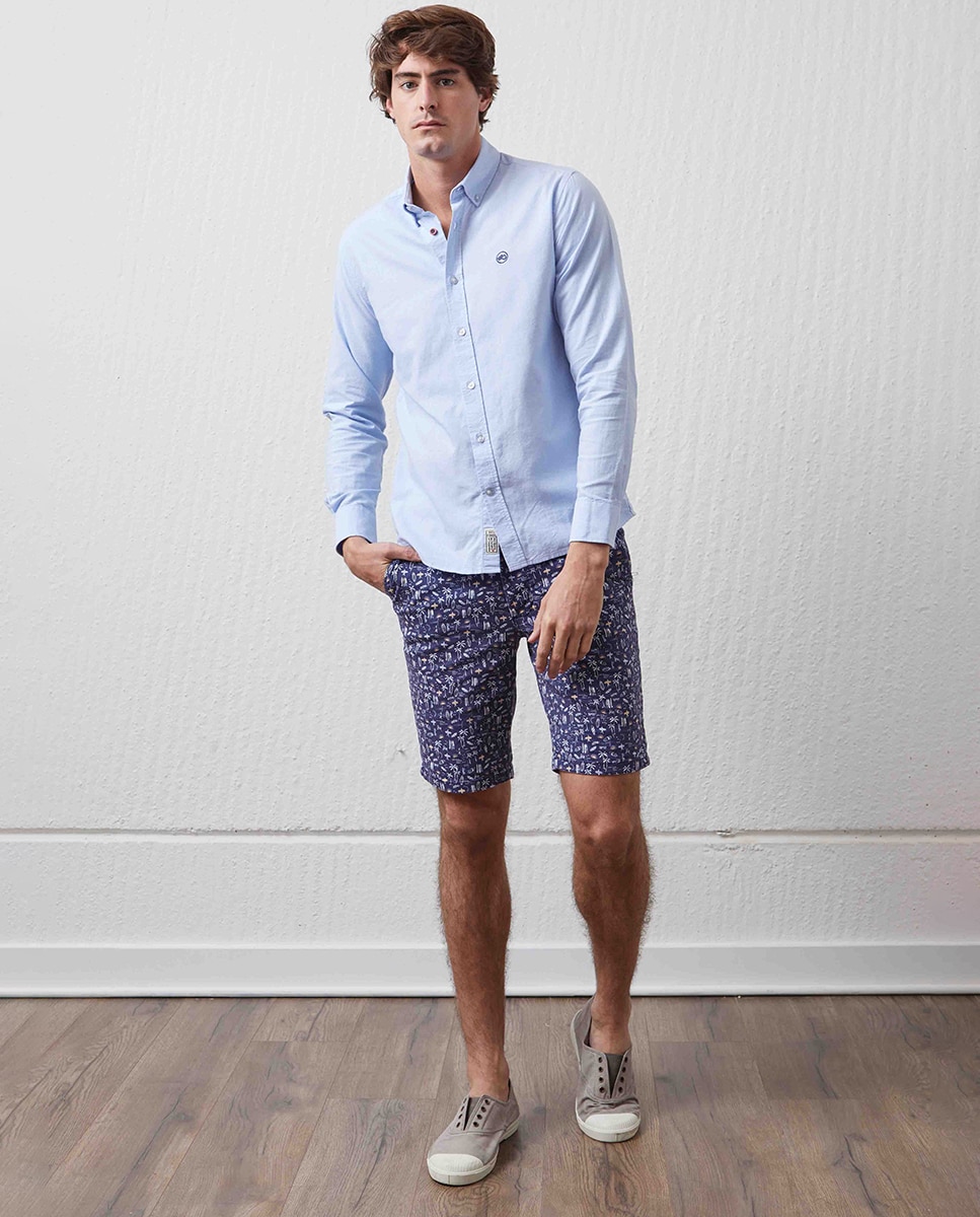 Camisa Básica com Padrão Slim Azul-claro-5