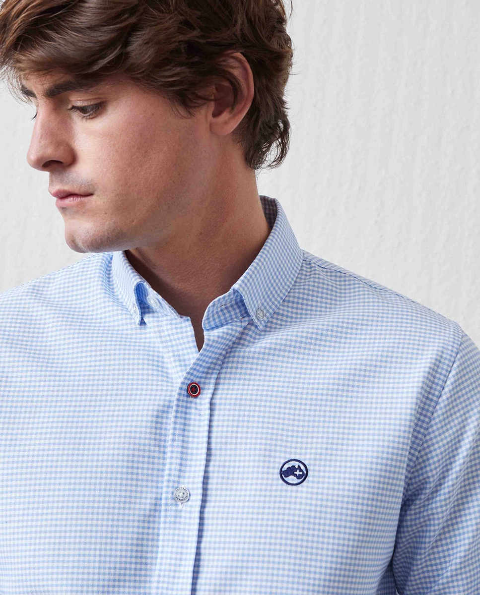 Camisa Básica aos Quadrados Vichy com Padrão Slim Azul-claro-3