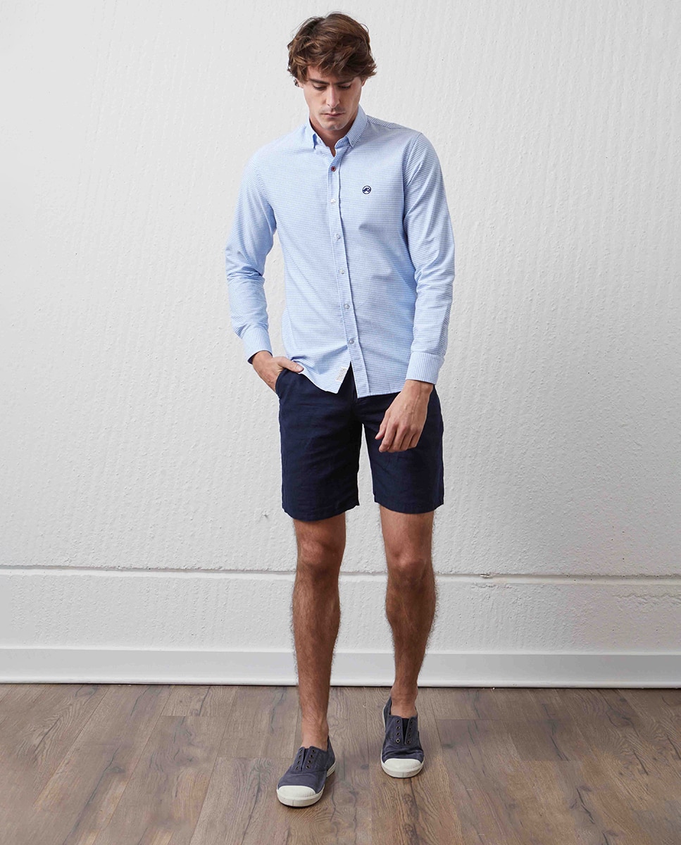 Camisa Básica aos Quadrados Vichy com Padrão Slim Azul-claro-5