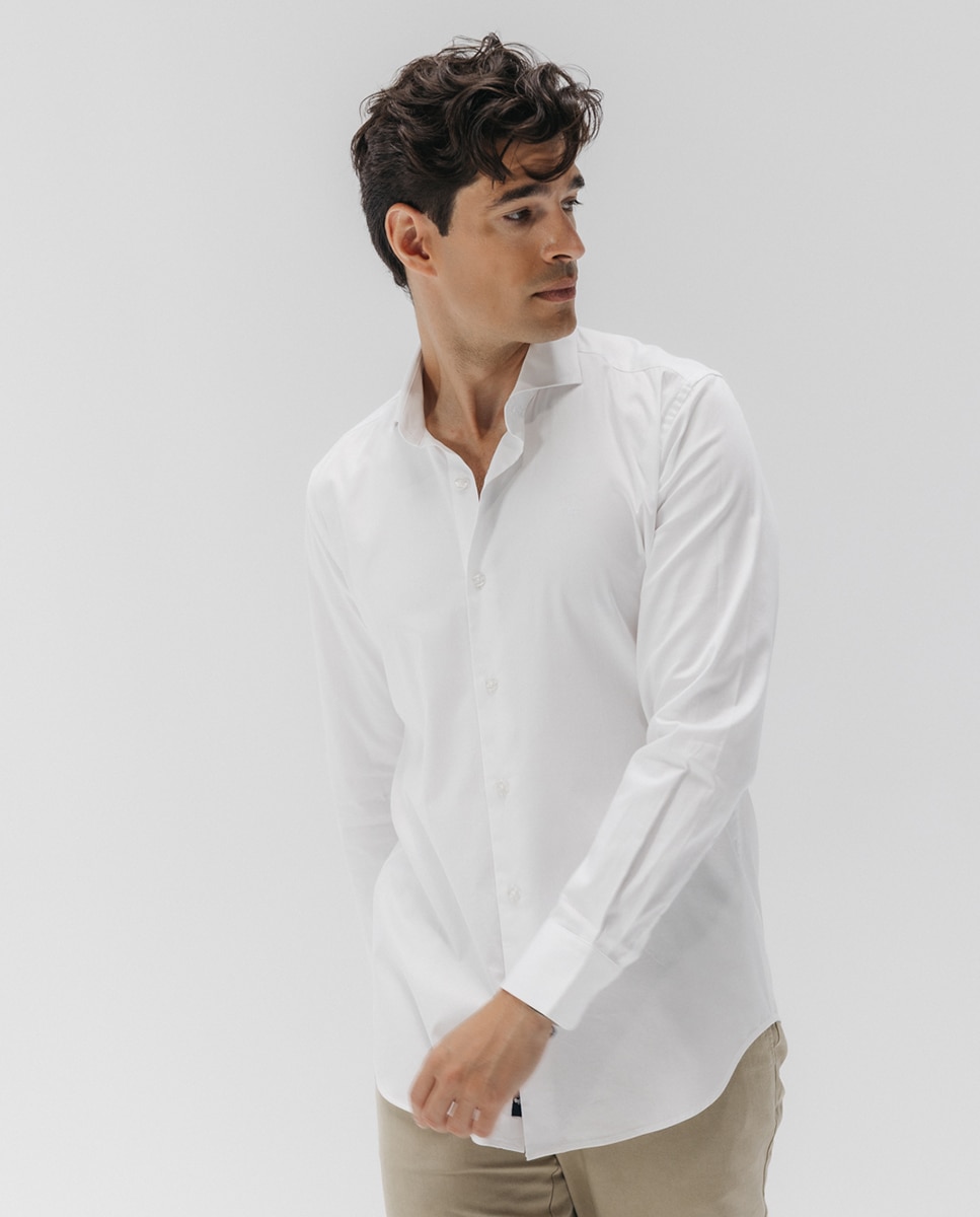 Camisa de Popelina Elástica com Gola Italiana Branco-1