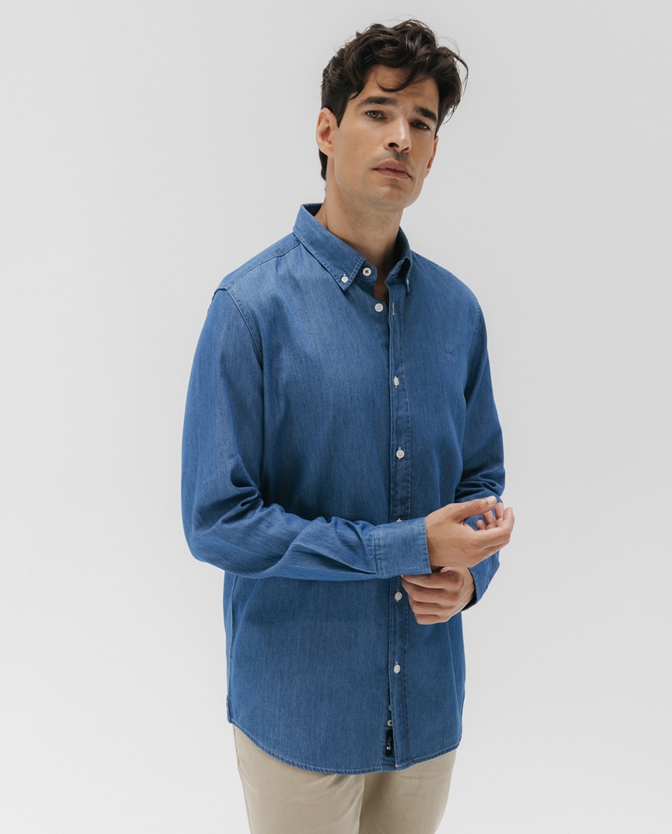 Camisa em Tecido de Ganga com Colarinho com Botão Azul-índigo-5