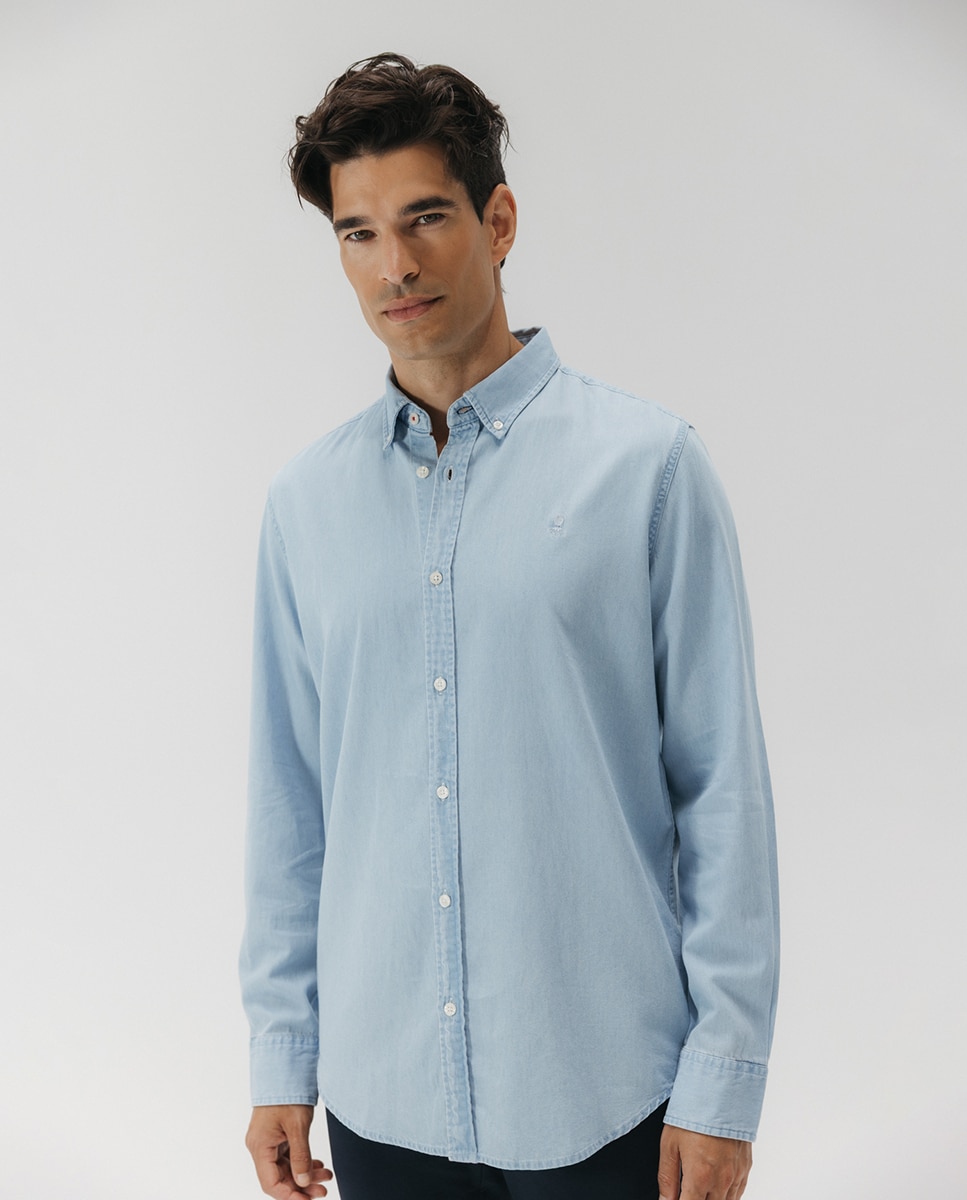 Camisa em Tecido de Ganga com Colarinho com Botão Azul-claro-4