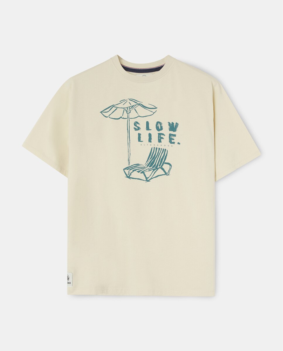 T-shirt de Manga Curta com Serigrafia Bege-4
