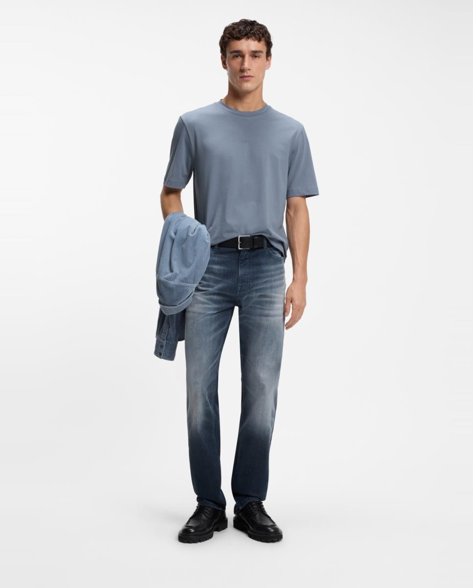 T-shirt Relaxed Fit com Logótipo Estampado e em Algodão Elástico Azul-4