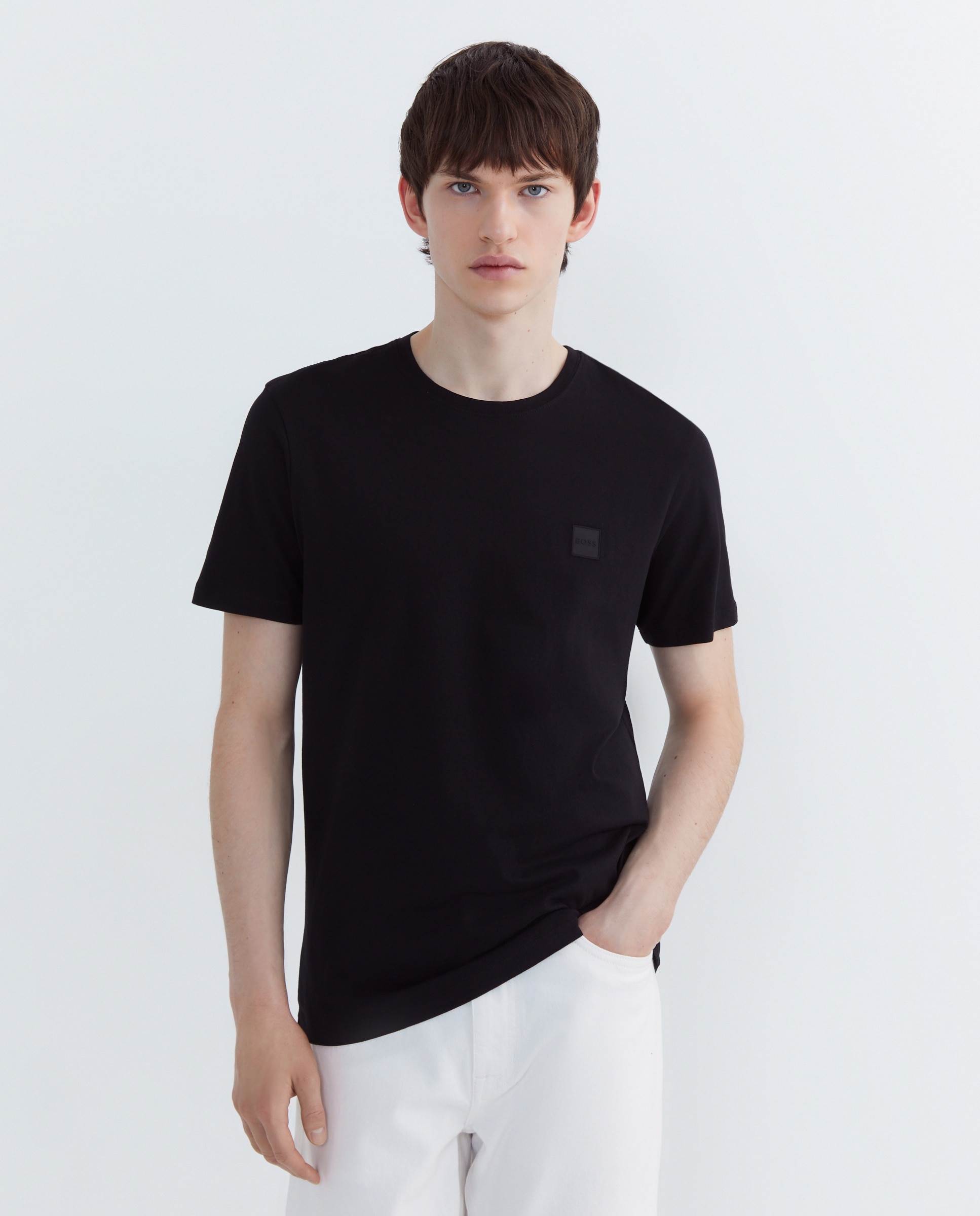 T-shirt de Malha de Algodão com Remendo de Logótipo Preto-2