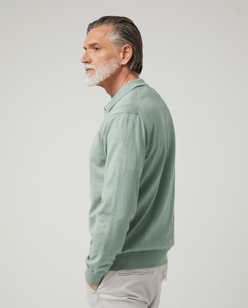 Camisola de Malha Fina com Colarinho de Polo Verde-escuro-2