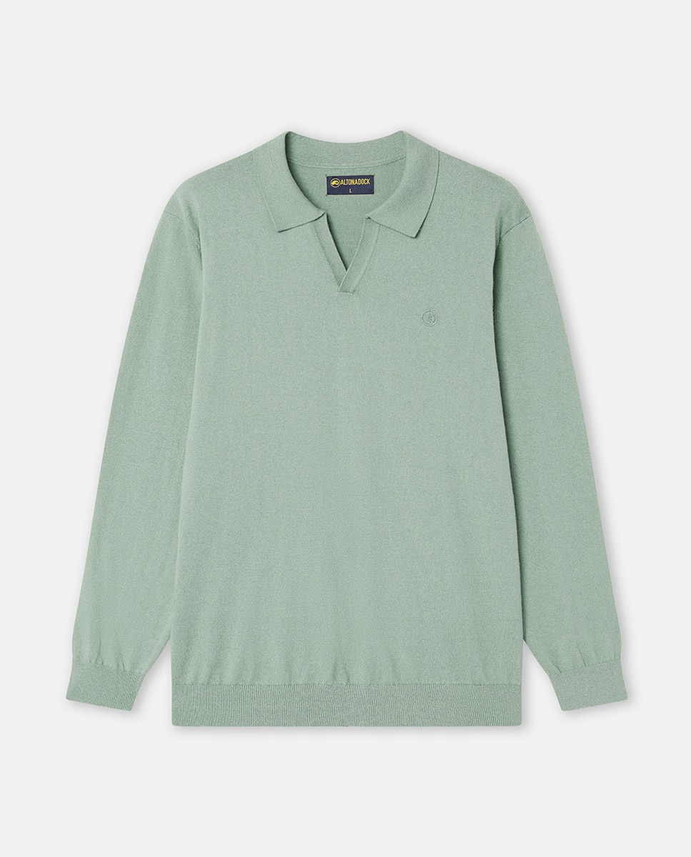 Camisola de Malha Fina com Colarinho de Polo Verde-escuro-3