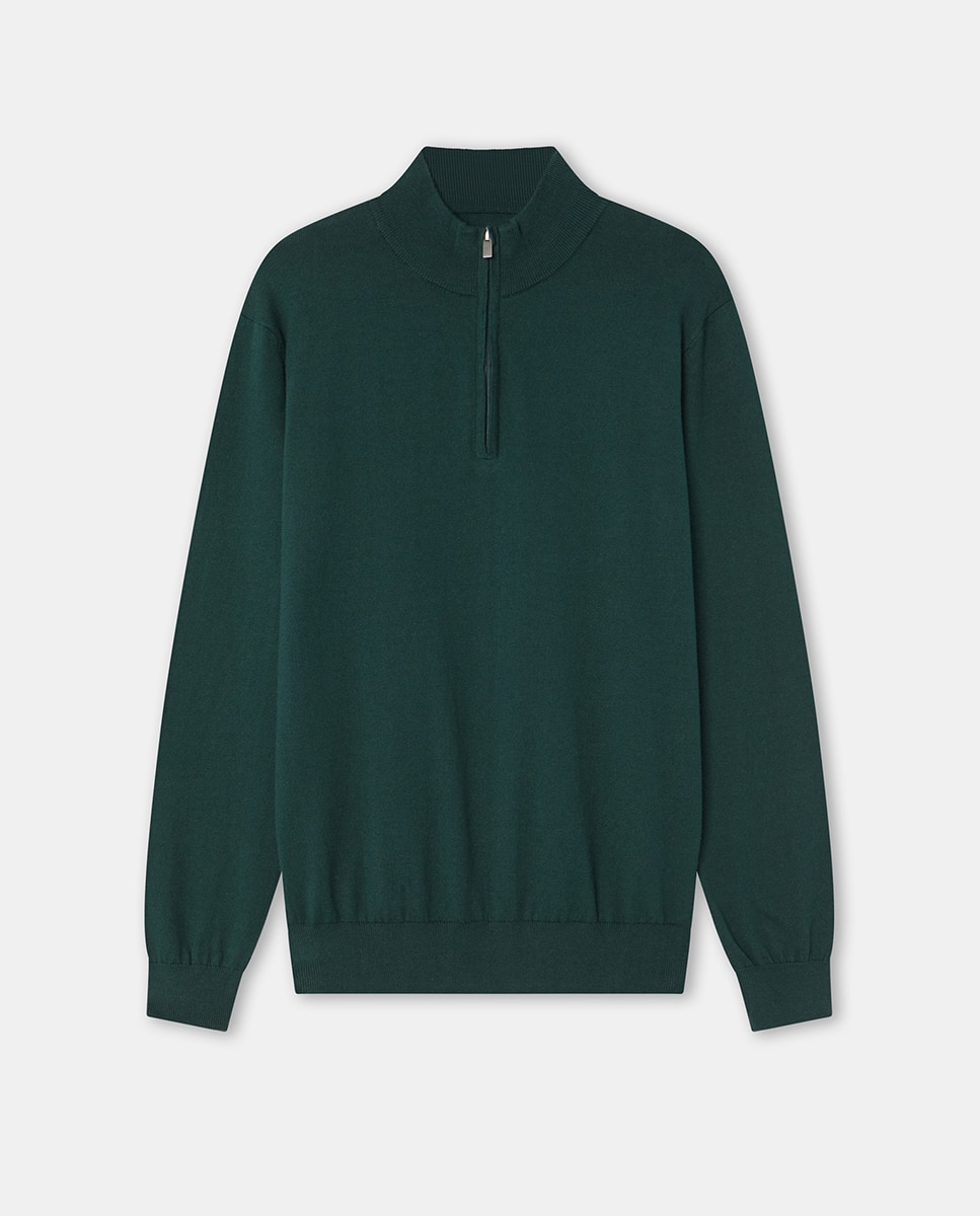 Camisola de Malha Fina com Fecho de Correr Verde-escuro-4