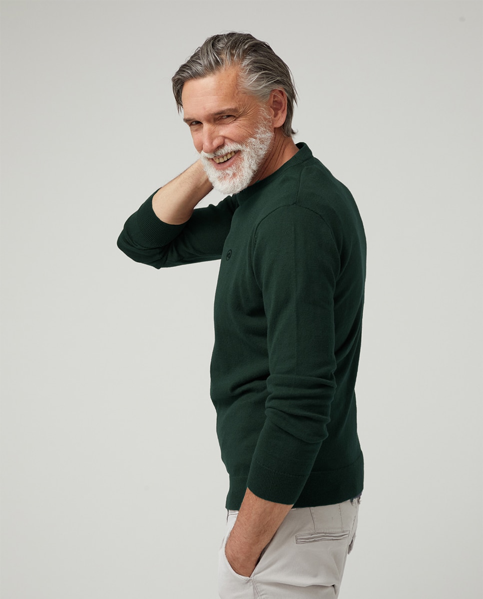 Camisola de Malha Básica com Decote Redondo Verde-escuro-2