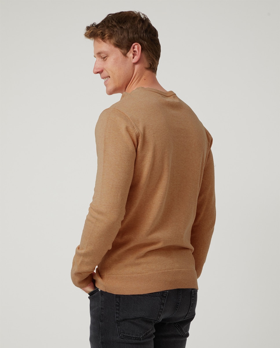 Camisola de Malha Básica com Decote Redondo Bege-2