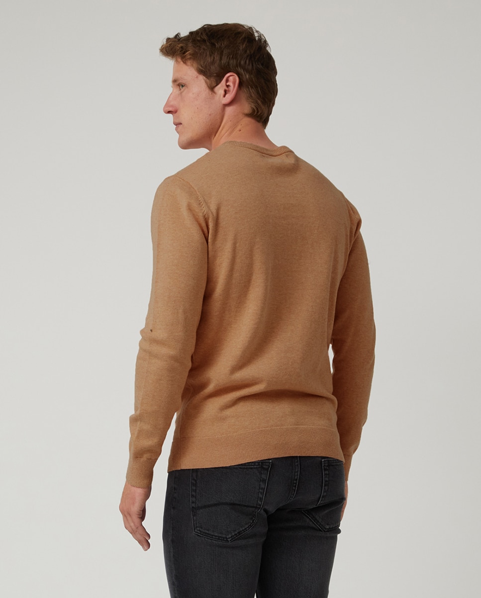Camisola de Malha Básica com Decote Redondo Bege-4