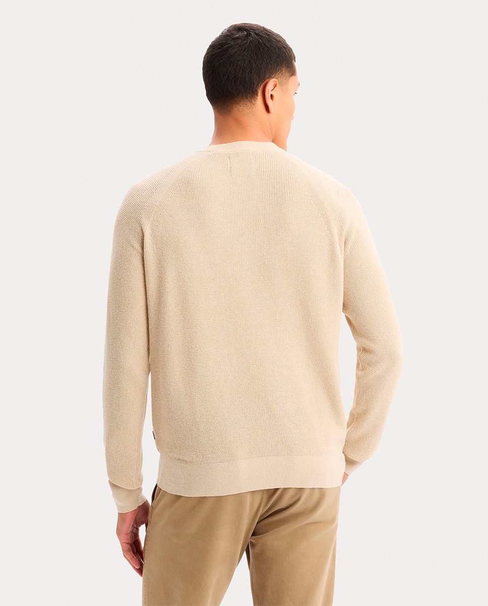 Camisola de Malha com Manga Comprida e Decote Redondo Caqui-2