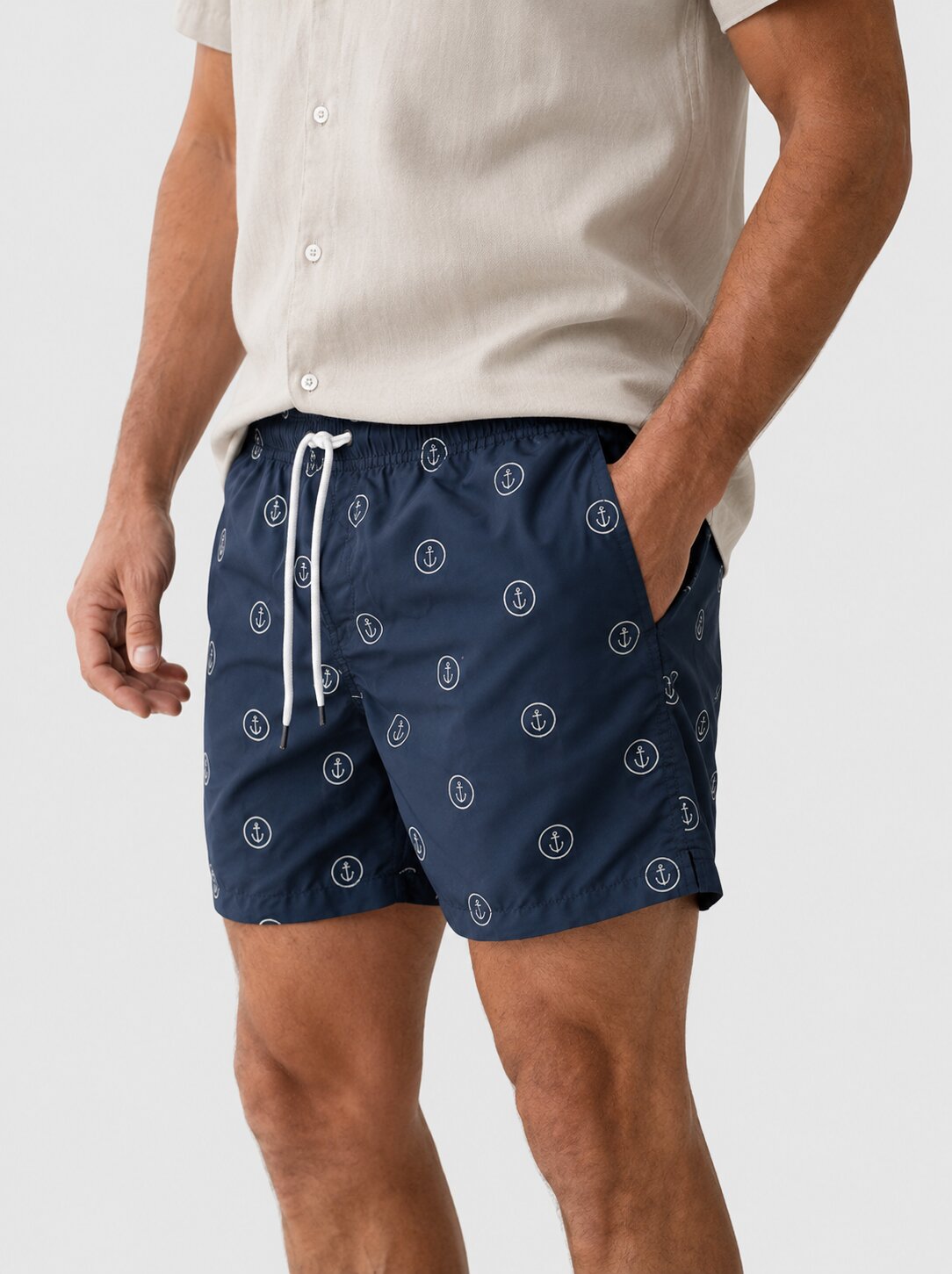 Calções de Banho em Tecido Estampado com Emblema de Logótipo Azul-marinho-3