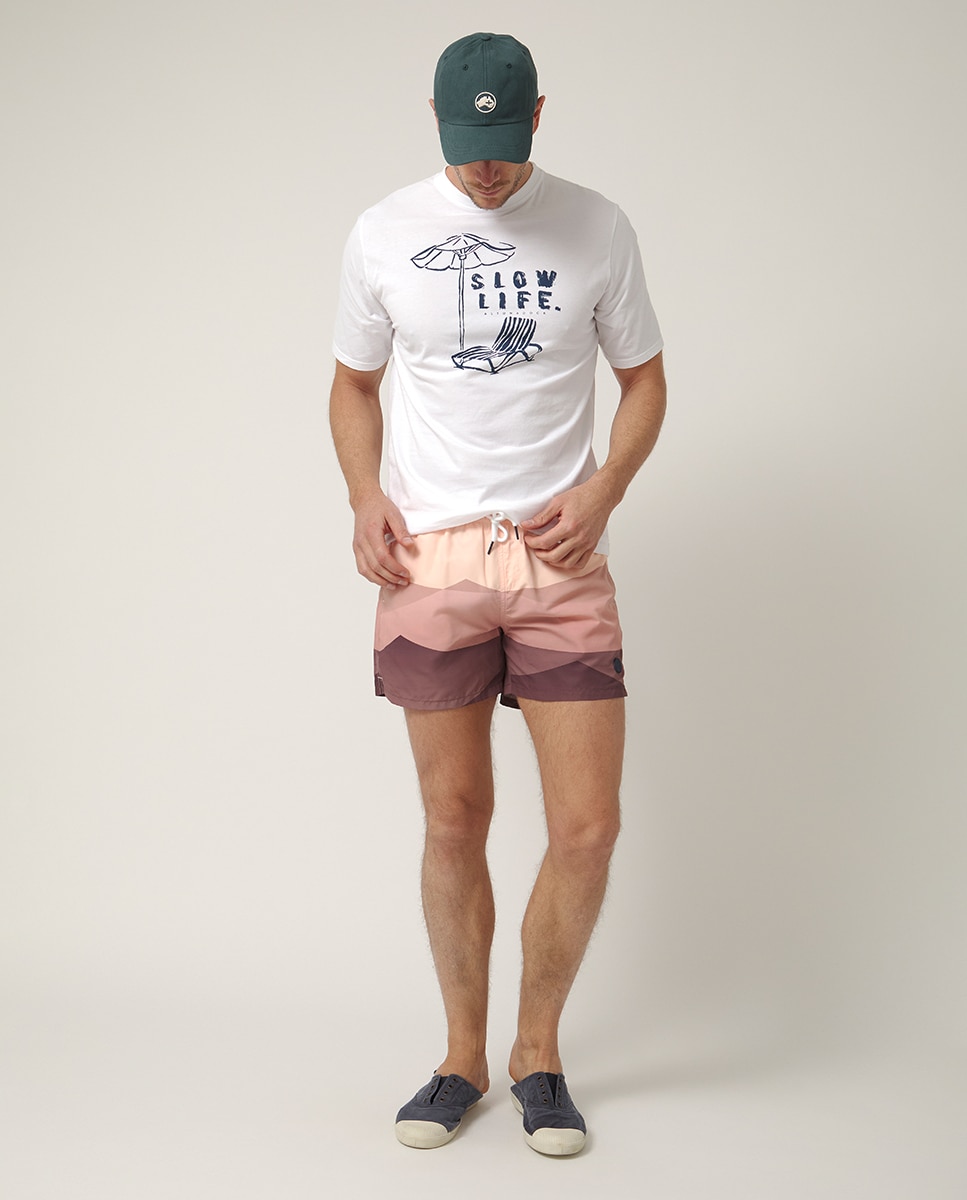 Imagem 0 de Calções de Banho em Tecido Estampado com Emblema de Logótipo.