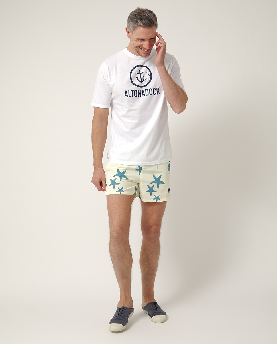 Imagem 0 de Calções de Banho em Tecido Estampado com Emblema de Logótipo.