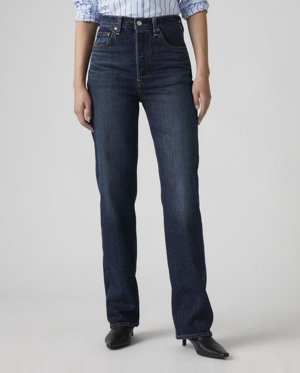 Jeans Straight Ribcage Full Length de Cintura Subida Azul-marinho-3