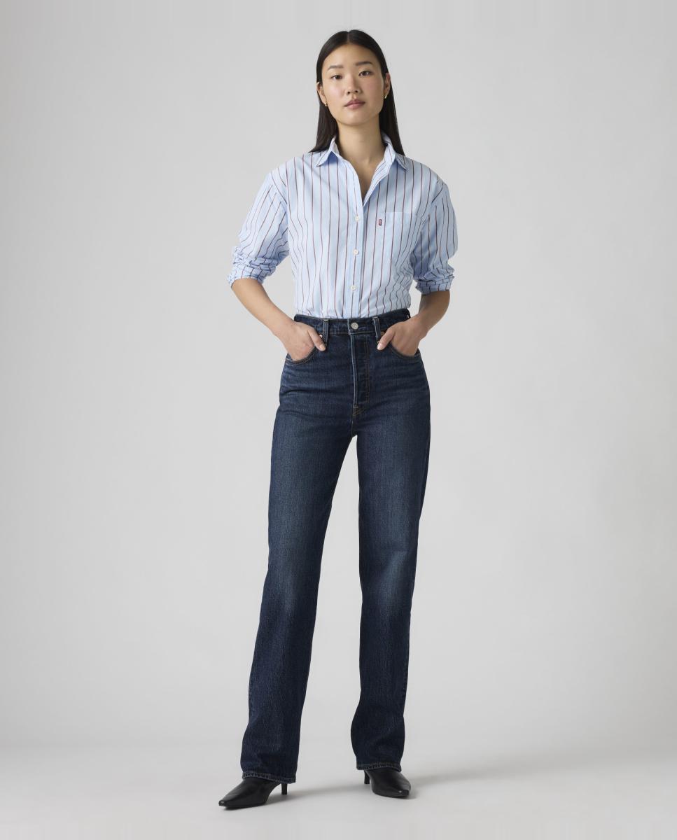Jeans Straight Ribcage Full Length de Cintura Subida Azul-marinho-7
