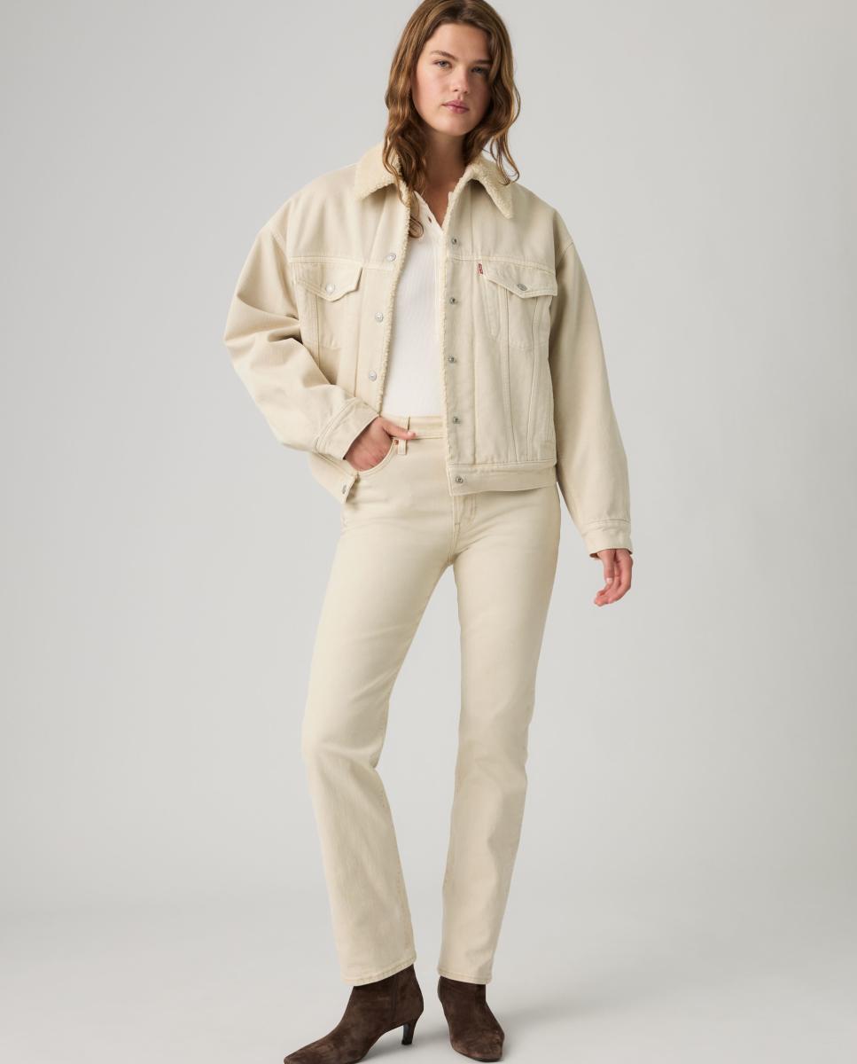 Jeans Straight Ribcage Slim de Cintura Subida Creme-4