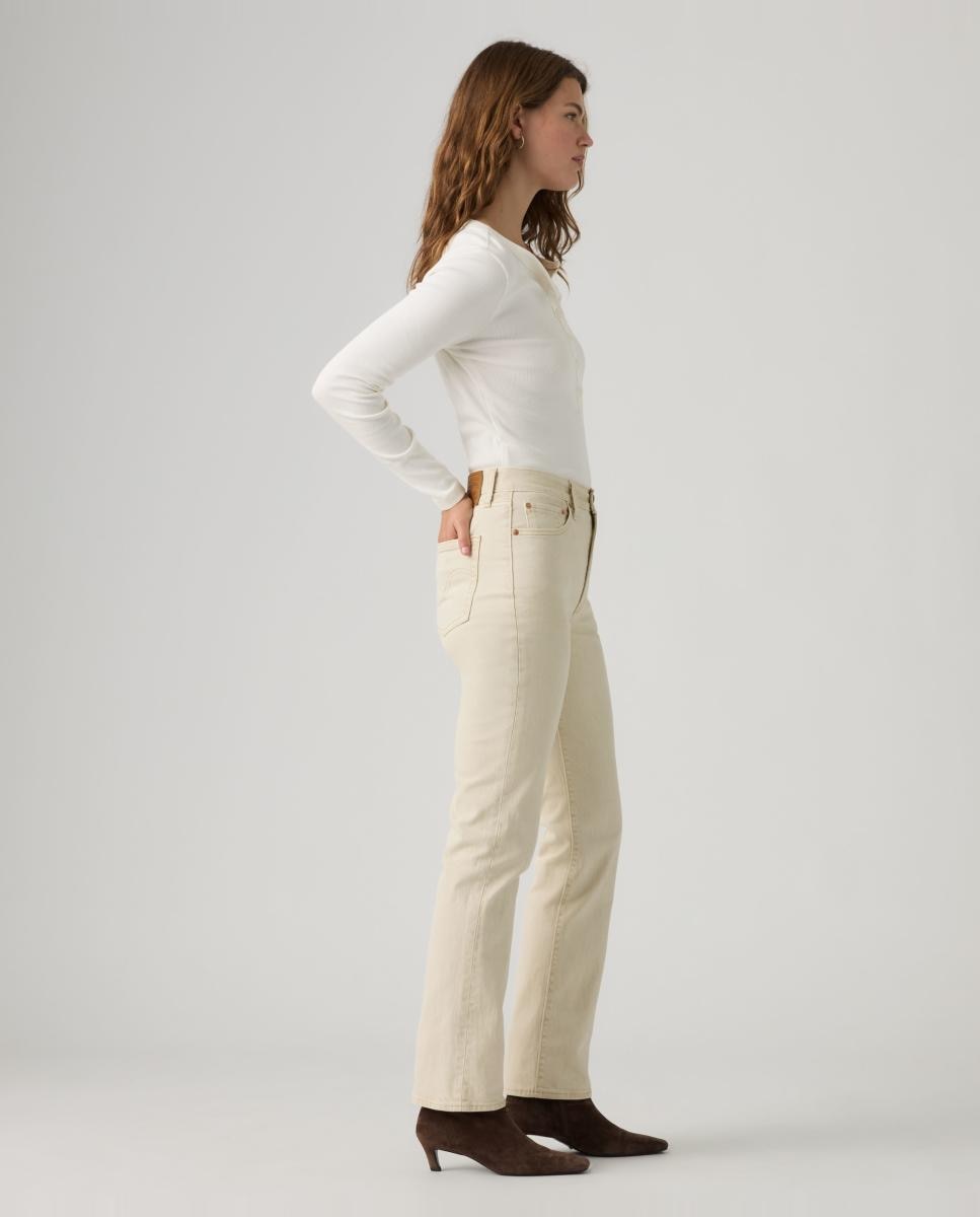 Jeans Straight Ribcage Slim de Cintura Subida Creme-5