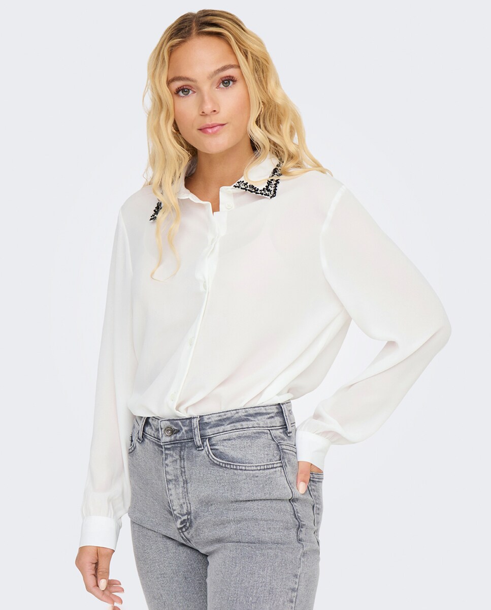 Camisa de mulher com manga comprida Branco-3