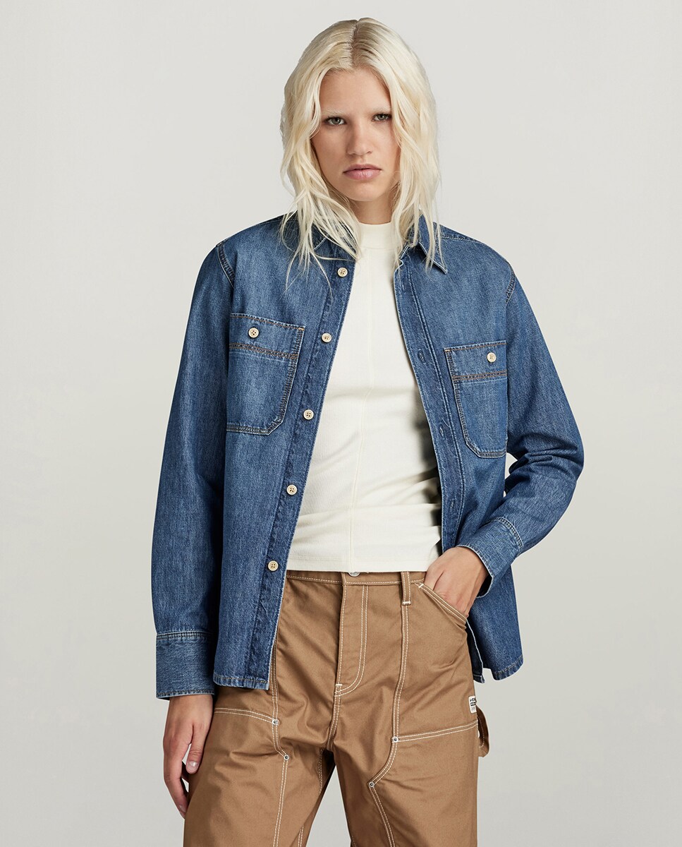 Camisa de ganga de senhora Azul-4